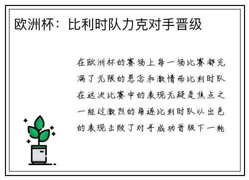 欧洲杯：比利时队力克对手晋级