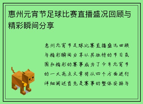 惠州元宵节足球比赛直播盛况回顾与精彩瞬间分享