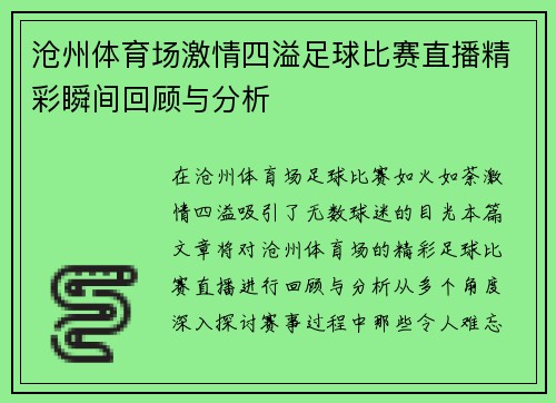沧州体育场激情四溢足球比赛直播精彩瞬间回顾与分析